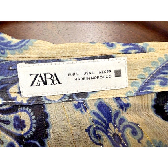 Zara Blue Floral Metallic Mosaic V Neck Boho Long Sleeve Blouse Semi Sheer Large - Picture 5 of 8